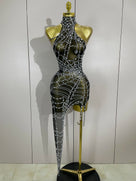 Rhinestone Mesh Asymmetric Mini Dress