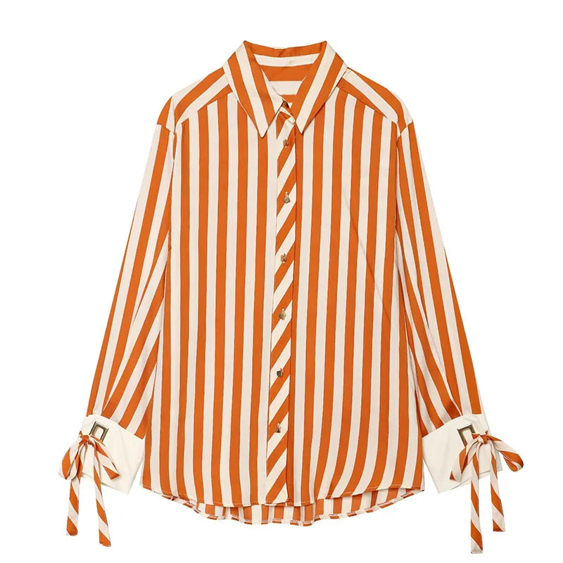 Bow Lace Cuff Striped Shirt