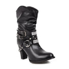 Rivet Buckle Leather Mid-Calf Boots