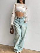 Ripped Long Sleeve Crochet Crop Top