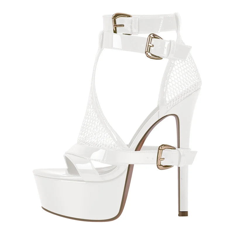 Fishnet Ankle Strap Platform Heels Sandals