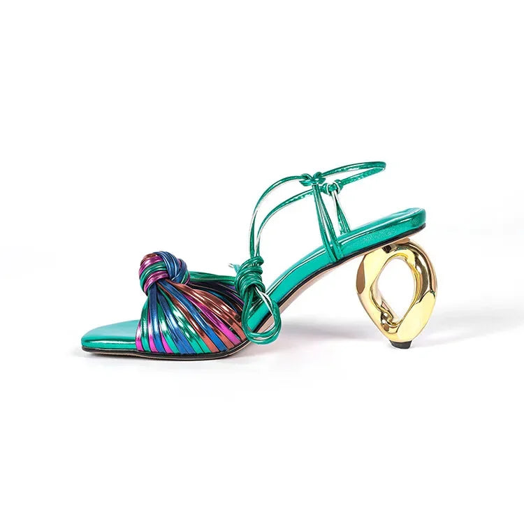 Square Toe Knotted Button Heels Sandals