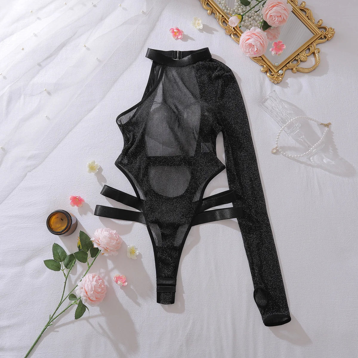 Sheer One Shoulder Hollow Teddies