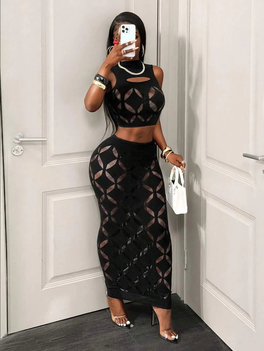 Sheer Mesh Hollow-Out Skirt Set