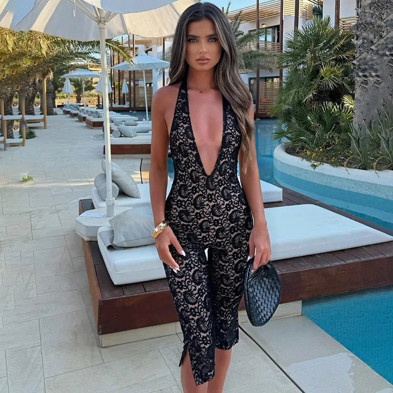 Deep V-Neck Backless Lace Jumpsuit