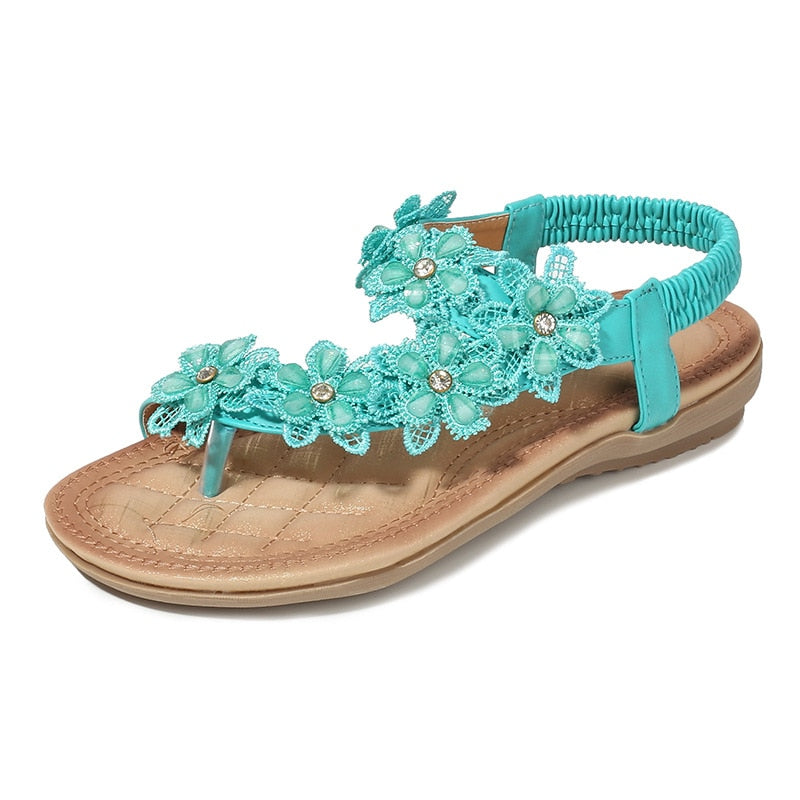 Vintage Beautiful Flower T-Strap Flat Sandal