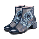 Nature Genuine Leather Blue Flower Embroidery Women Ankle Boots