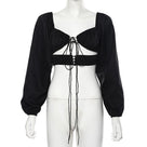 Streetwear Solid V Neck Hollow Out Puff Sleeve Women Crop Top