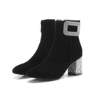 Flock Rhinestone Buckle with Zipper Chunky Heels