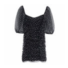 Slim Fit Elegant V- Neck Polka Dot Puff Sleeve Women Mini Dress