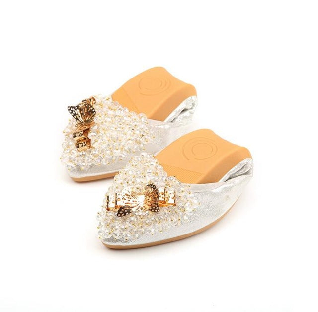 Elegant Rhinestone Sequined Cloth Pointed Toe Elastic Women Flat Shoes